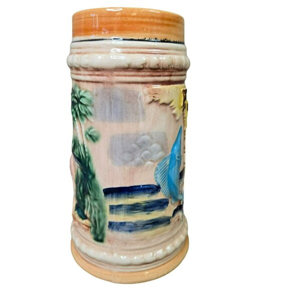 Vintage Embossed FLORIDA Mug Stein Flamingo & Marlin Made in Japan - Picture 2 of 10